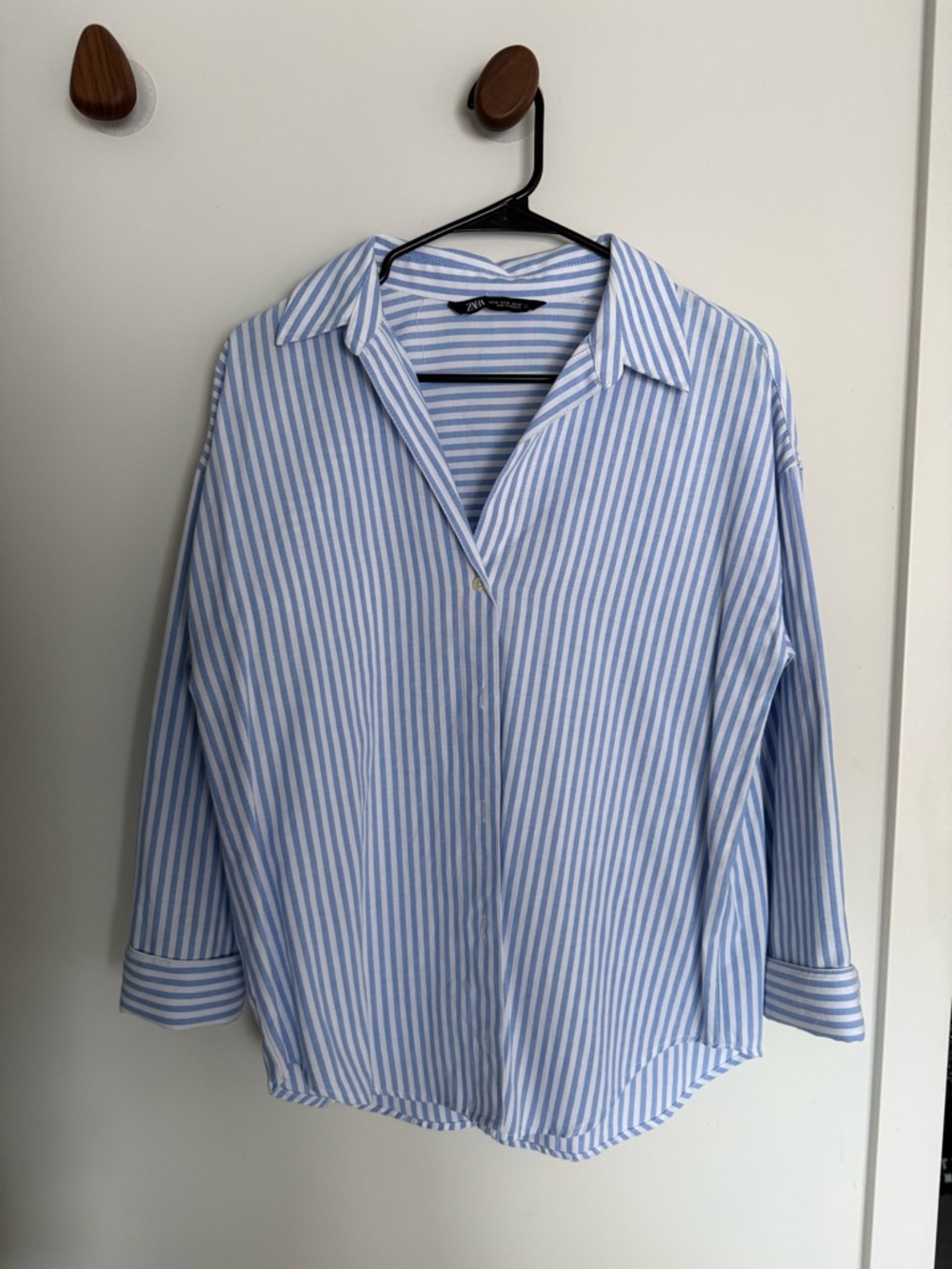 Zara Woman Light Blue and White Striped Casual Button-Down Shirt